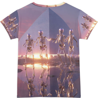 T-shirt with skeleton design and sunset reflection on water background