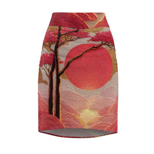 Sakura Dreams Pencil Skirt — Pink Japanese Landscape All-Over Print