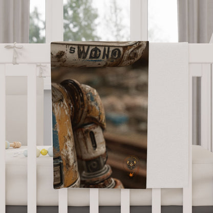 Rust-covered metal pipe with graffiti on a white crib