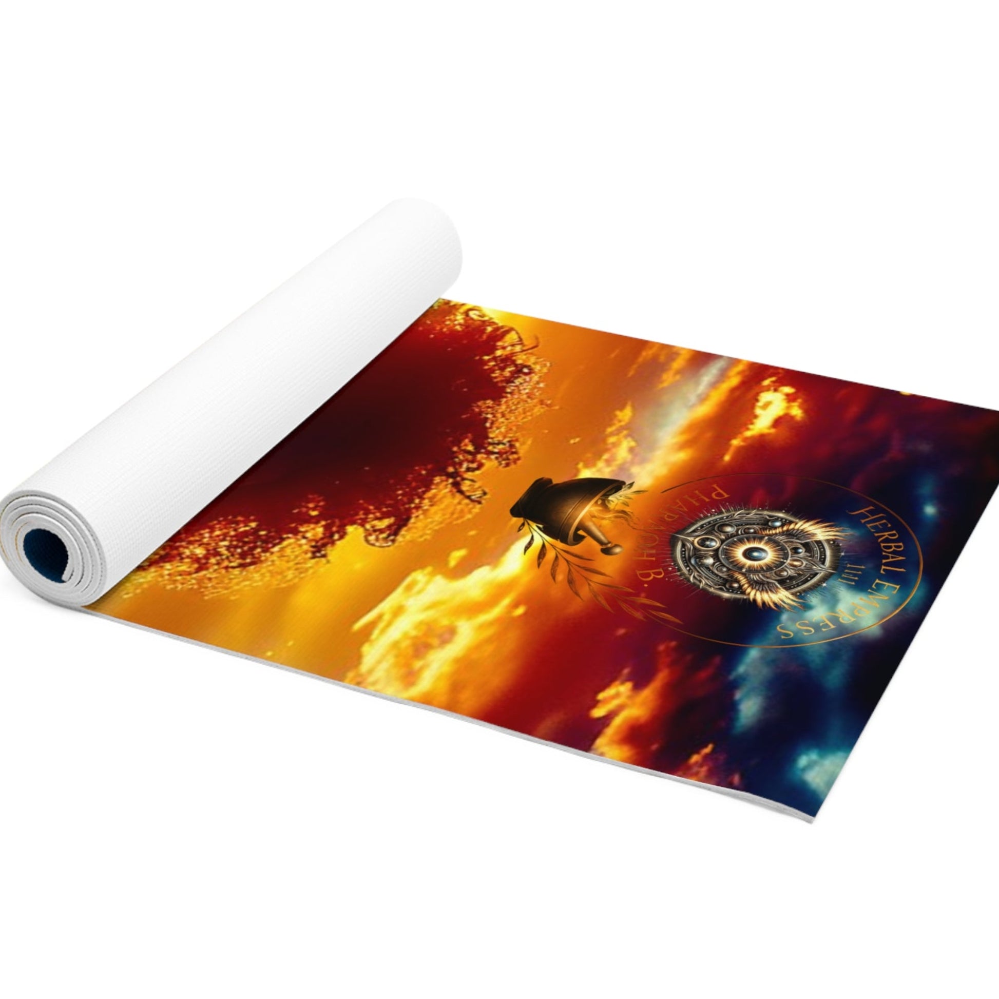 Yoga mat with a colorful design featuring a bird and abstract elements on a white background