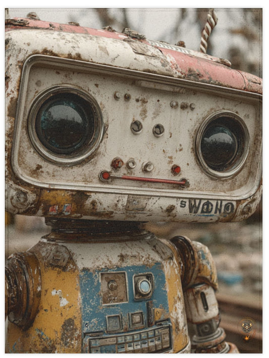 Close-up of a worn-out robot with detailed textures on a white background