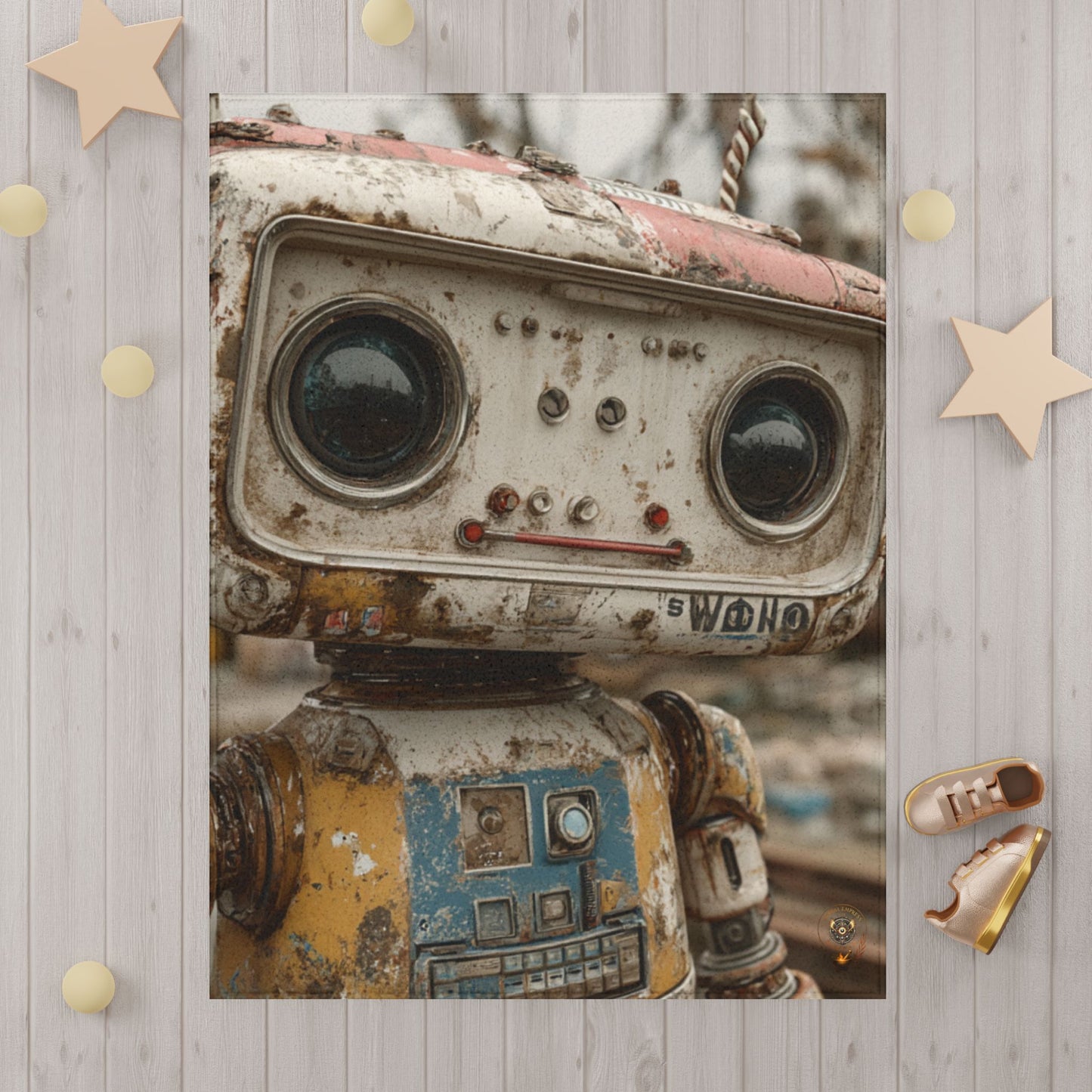 Rust-colored robot toy on a wooden surface with decorative stars around