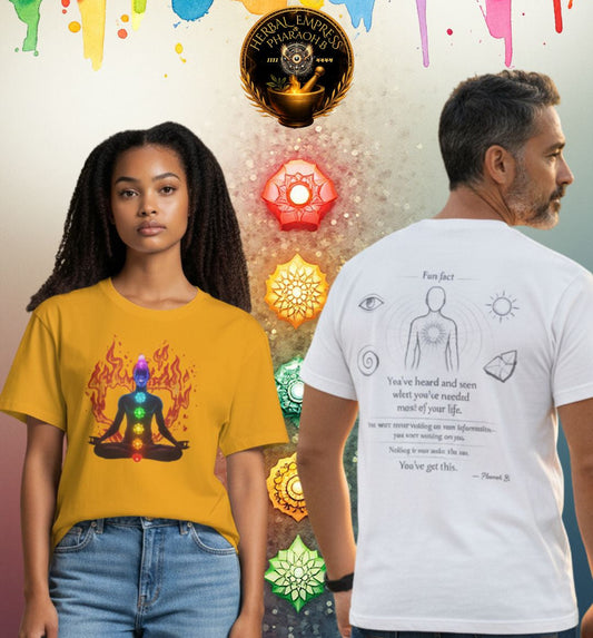 Two people wearing t-shirts with designs and text, colorful abstract background
