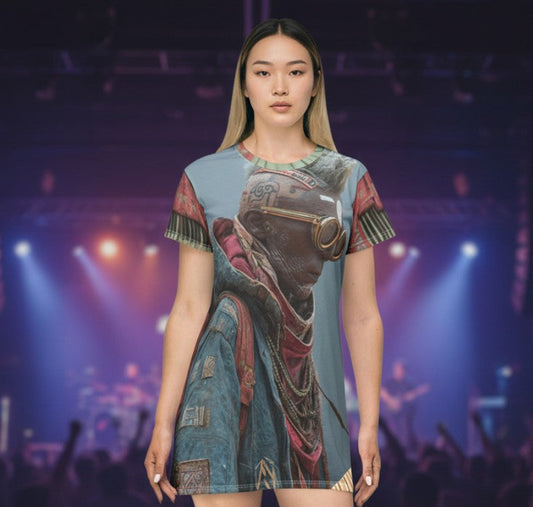 Model on a runway wearing a patterned dress and knee-high boots with a dark, illuminated background.