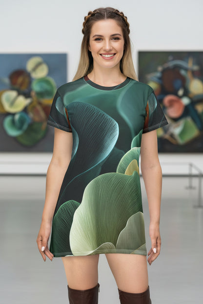 Emerald Flow – Abstract Botanical T-Shirt Dress