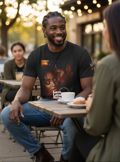 Man sitting at an outdoor cafe table with a fiancee, smiling and enjoying a conversation.
