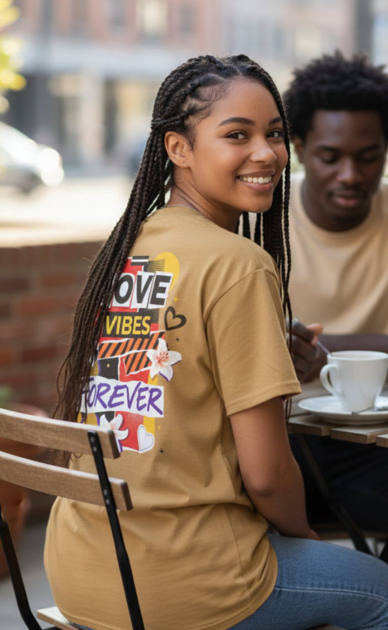 Woman sitting outdoors at a cafe with a man, wearing a tan t-shirt with colorful graphics.