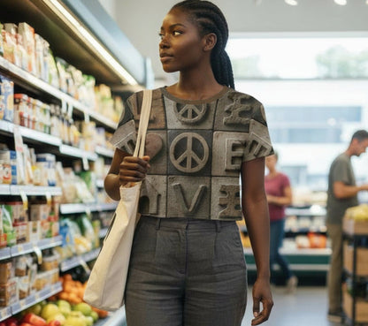 Woman walking through a grocery store aisle, wearing a shirt with peace signs.