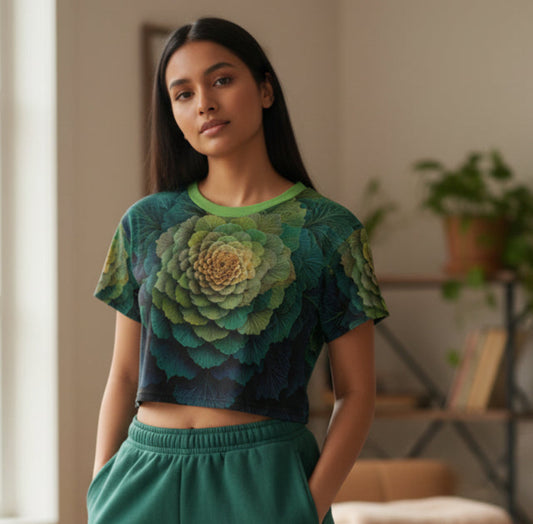 Woman wearing a green floral top and pants in a room with a window and plants.