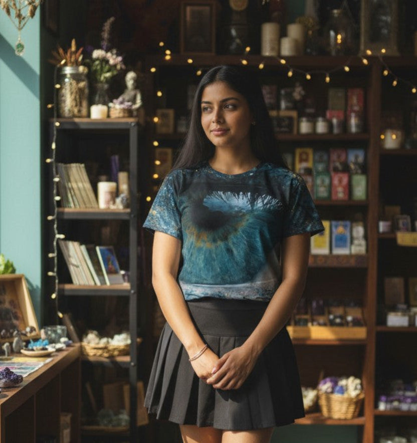 Woman standing in a cozy bookstore with bookshelves and decor.