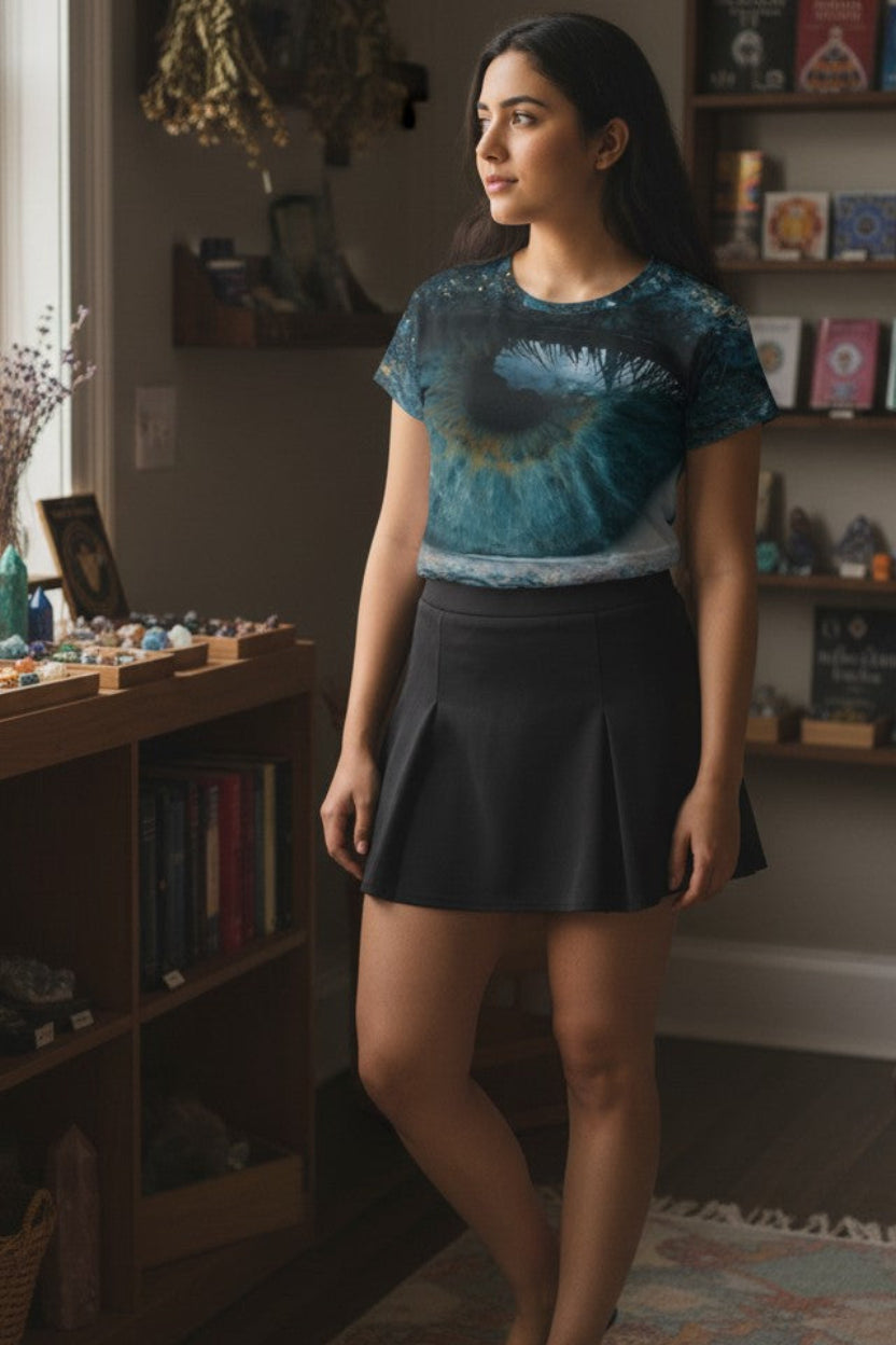 Woman standing in a room with bookshelves and decorative items