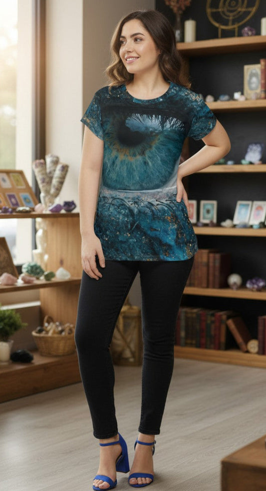 Woman wearing a blue tie-dye top and black pants in a room with bookshelves and decor.