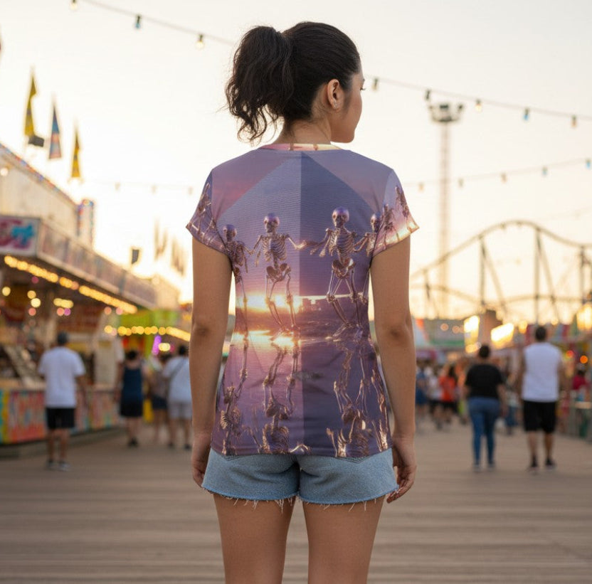 Woman wearing a graphic t-shirt and shorts standing on a boardwalk with a sunset in the background.