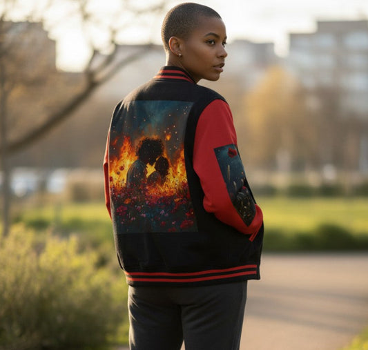Person wearing a jacket with a graphic design standing on a path in an outdoor setting