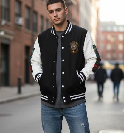 Man wearing a black and white varsity jacket with a logo, blue jeans, and brown boots standing on a city street.