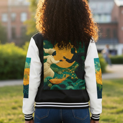Person wearing a colorful jacket with a design on the back, standing outdoors.