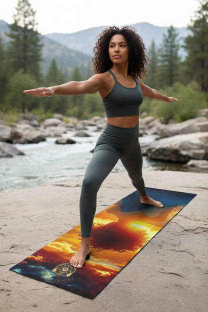 Woman practicing yoga on a colorful mat with a mountainous landscape in the background