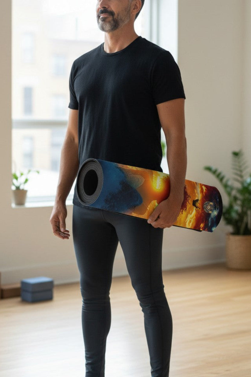 Man holding a colorful skateboard in a room with large windows and plants.