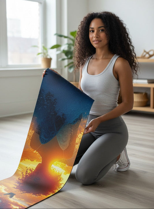 Woman holding a colorful yoga mat in a bright room with large windows.