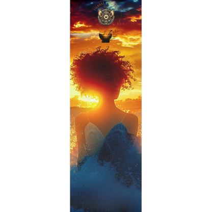Yoga mat with a design of a woman, sunset, and a boat on a white background