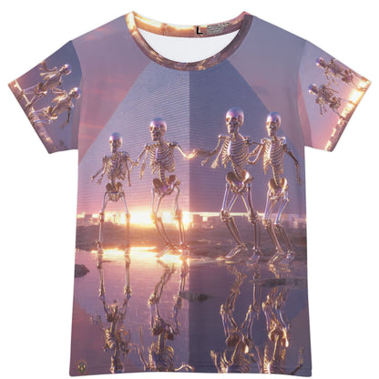 T-shirt with skeleton design and sunset over water print