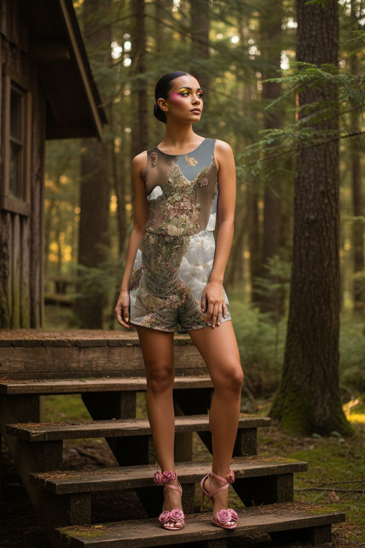 Woman standing on wooden steps in a forest with a cabin in the background