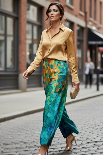 Woman in a yellow blouse and colorful pants walking on a city street.
