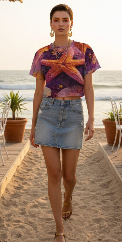 Woman walking on a sandy path by the beach with chairs and plants in the background