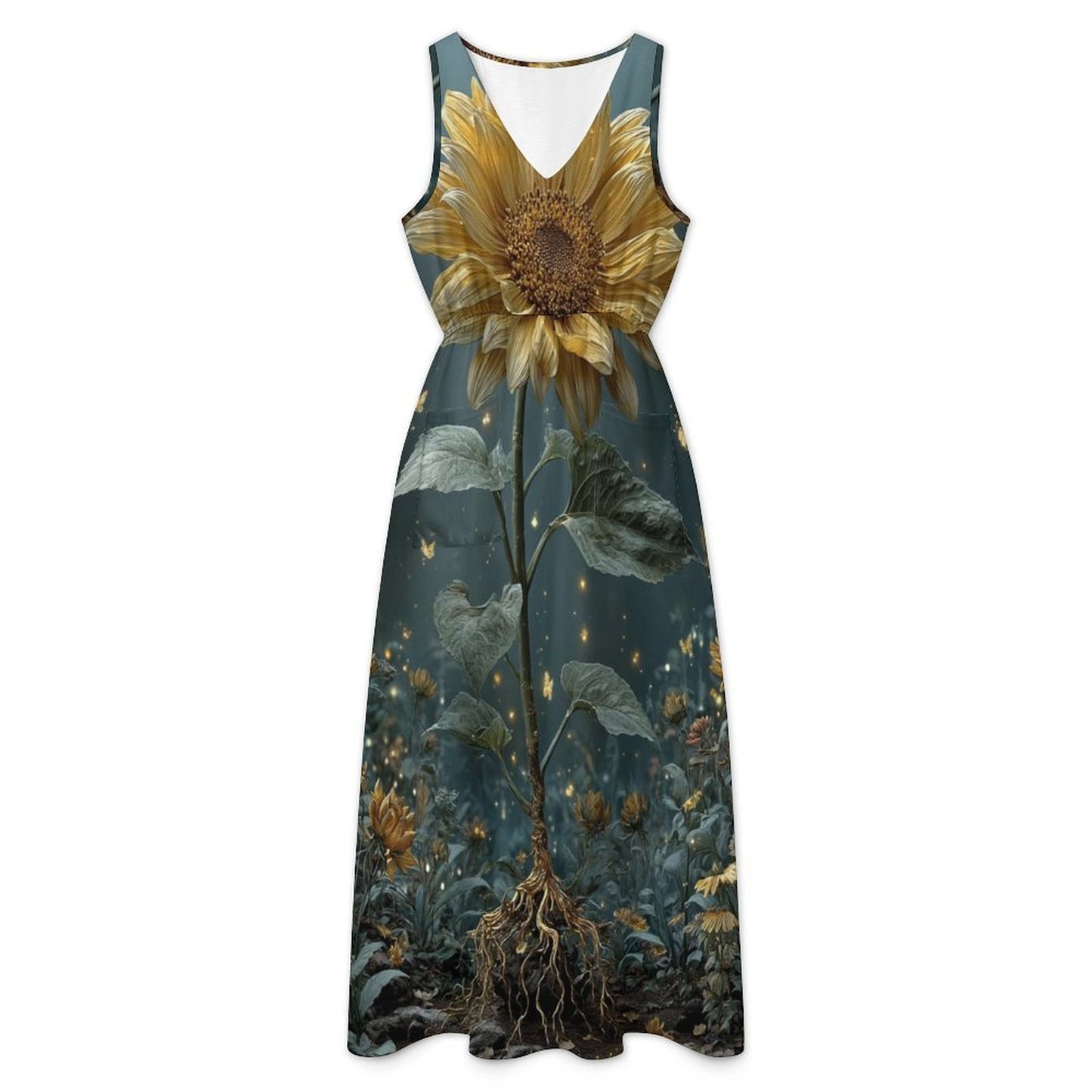 All-Over Print Women's Casual Sleeveless V-neck Midi Dress With Pockets